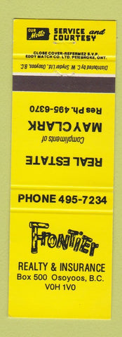 Matchbook Cover - Frontier Real Estate Insurance Osoyoos BC May Clark