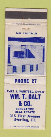 Matchbook Cover - Wm Galt Insurance Real Estate Sterling IL WORN
