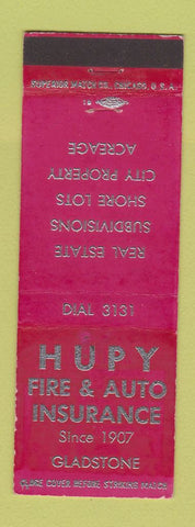 Matchbook Cover - Hupy Fire Auto Insurance Gladstone WEAR