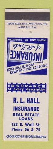 Matchbook Cover - RL Hall Insurance Real Estate