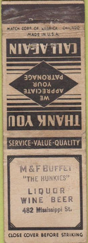 Matchbook Cover - M  and  F Buffet The Hunkies no town