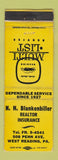 Matchbook Cover - HH Blankenbiller Real Estate Insurance West Reading PA WEAR