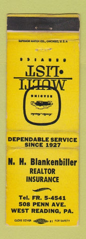 Matchbook Cover - HH Blankenbiller Real Estate Insurance West Reading PA WEAR