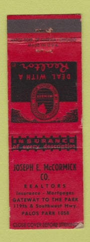 Matchbook Cover - Joseph McCormick Real estate Palos Park IL WEAR