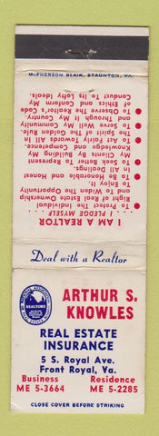 Matchbook Cover - Arthur Knowles Real Estate Insurance Front Royal VA WEAR