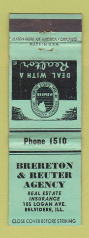 Matchbook Cover - Brereton Reuter Real Estate Insurance Belvidere IL WORN