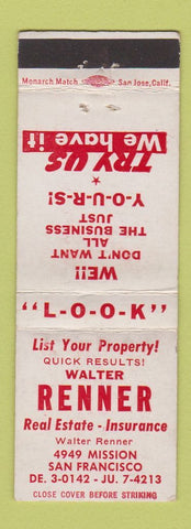 Matchbook Cover - Walter Renner Real Estate Insurance San Francisco CA