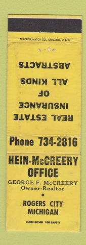 Matchbook Cover - Hein McCreery Real Estate Insurance Rogers City MI YELLOW WORN