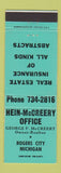 Matchbook Cover - Hein McCreery Real Estate Insurance Rogers City MI TEAL