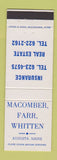 Matchbook Cover - Macomber Farr Whitten Insurance Real Estate Augusta ME