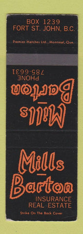Matchbook Cover - Mills Barton Insurance Real Estate Fort St John BC