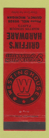 Matchbook Cover - Griffin's Hardware Westinghouse Appliances Quincy MI RED