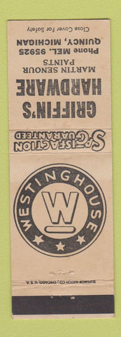 Matchbook Cover - Griffin's Hardware Westinghouse Appliances Quincy MI WHITE
