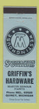 Matchbook Cover - Griffin's Hardware Westinghouse Appliances Quincy MI BLUE
