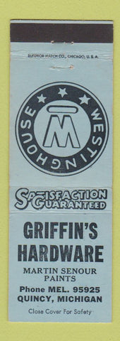 Matchbook Cover - Griffin's Hardware Westinghouse Appliances Quincy MI BLUE