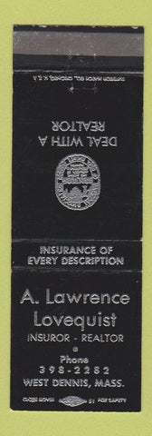 Matchbook Cover - A Lawrence Lovequist Real Estate Insurance West Dennis MA