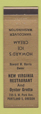 Matchbook Cover - New Virginia Restaurant Oyster Grotto Portland OR