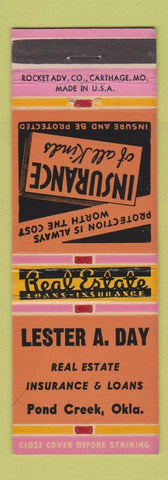 Matchbook Cover - Lester A Day Insurance Real Estate Pond Creek OK