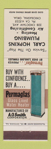 Matchbook Cover - Carl Hopkins Plumbing AO Smith Water Heater Chickasha OK