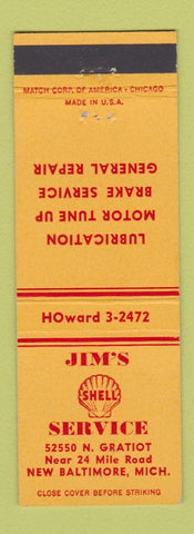 Matchbook Cover - Jim's Service Shell oil gas New Baltimore MI