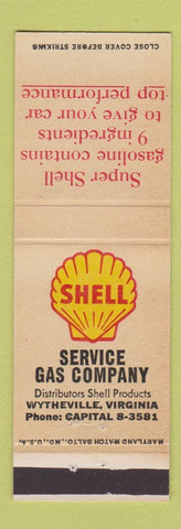 Matchbook Cover - Shell oil gas Service Gas Wytheville VA
