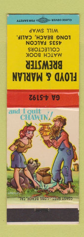 Matchbook Cover - Floyd Marlan Brewster Match Collectors Long Beach CA hillbilly