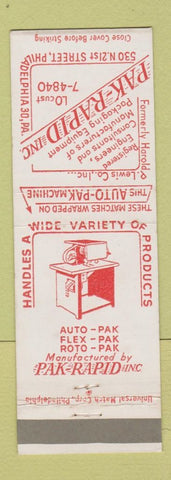 Matchbook Cover - Pak Rapid Packing Equipment Philadelphia PA