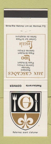 Matchbook Cover - Aux Cascades Restaurants St Hubert QC Montreal?