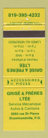Matchbook Cover - Grise & Freres Auto Repair Drummondville QC YELLOW