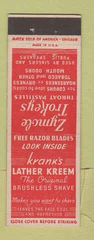 Matchbook Cover - Krank's Lather Kreem Shaving Zymole Trokeys Cough Drops