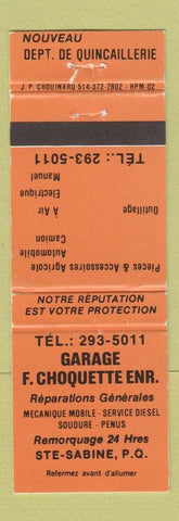 Matchbook Cover - Garage F Choquette auto repair Ste Sabine QC ORANGE WEAR