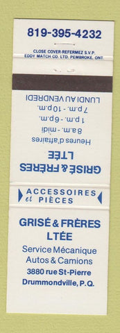 Matchbook Cover - Grise & Freres Auto Repair Drummondville QC WHITE