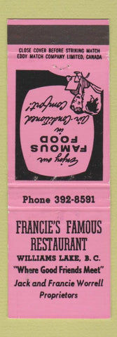 Matchbook Cover - Francie's Famous Restaurant Williams Lake BC WEAR