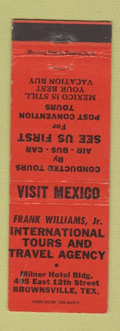 Matchbook Cover - Frank Williams Tours Travel Agency Brownsville TX