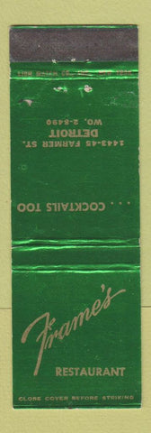 Matchbook Cover - Frame's Restaurant Detroit MI