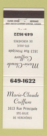 Matchbook Cover - Marie Claude Coiffure Salon Ste Julie De Vercheres QC