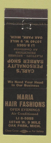 Matchbook Cover - Maria Hair Fashion Salon Carl's Barber Shop Oak Park MI