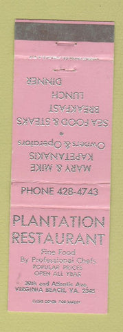 Matchbook Cover - Plantation Restaurant Virginia Beach VA