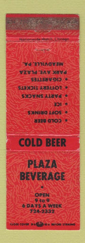 Matchbook Cover - Plaza Beverage Liquor Meadville PA WEAR