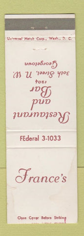 Matchbook Cover - France's Restaurant Bar Washington DC Georgetown WEAR