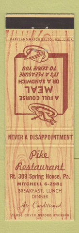 Matchbook Cover - Pike Restaurant Spring House PA