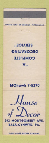 Matchbook Cover - House of Decor Bala Cynwyd PA