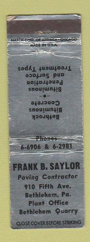 Matchbook Cover - Frank Saylor Paving Contractor Bethlehem PA WORN