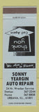 Matchbook Cover - Sonny Yeargin Auto Repair Urbana IL BLUE