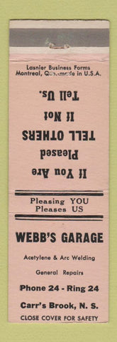 Matchbook Cover - Webb's Garage Carr's Brook NS auto repair