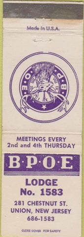 Matchbook Cover - Elks Lodge Union NJ