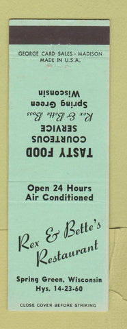 Matchbook Cover - Rex & Bette's Restaurant Spring Green WI