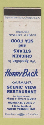 Matchbook Cover - Kaufman's Scenic View Restaurant North Vernon IN