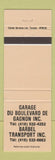 Matchbook Cover - Garage Du Boulevard De Gagnon Barbel Transport TAN