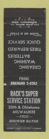 Matchbook Cover - Rack's Super Service oil gas Milwaukee WI WEAR